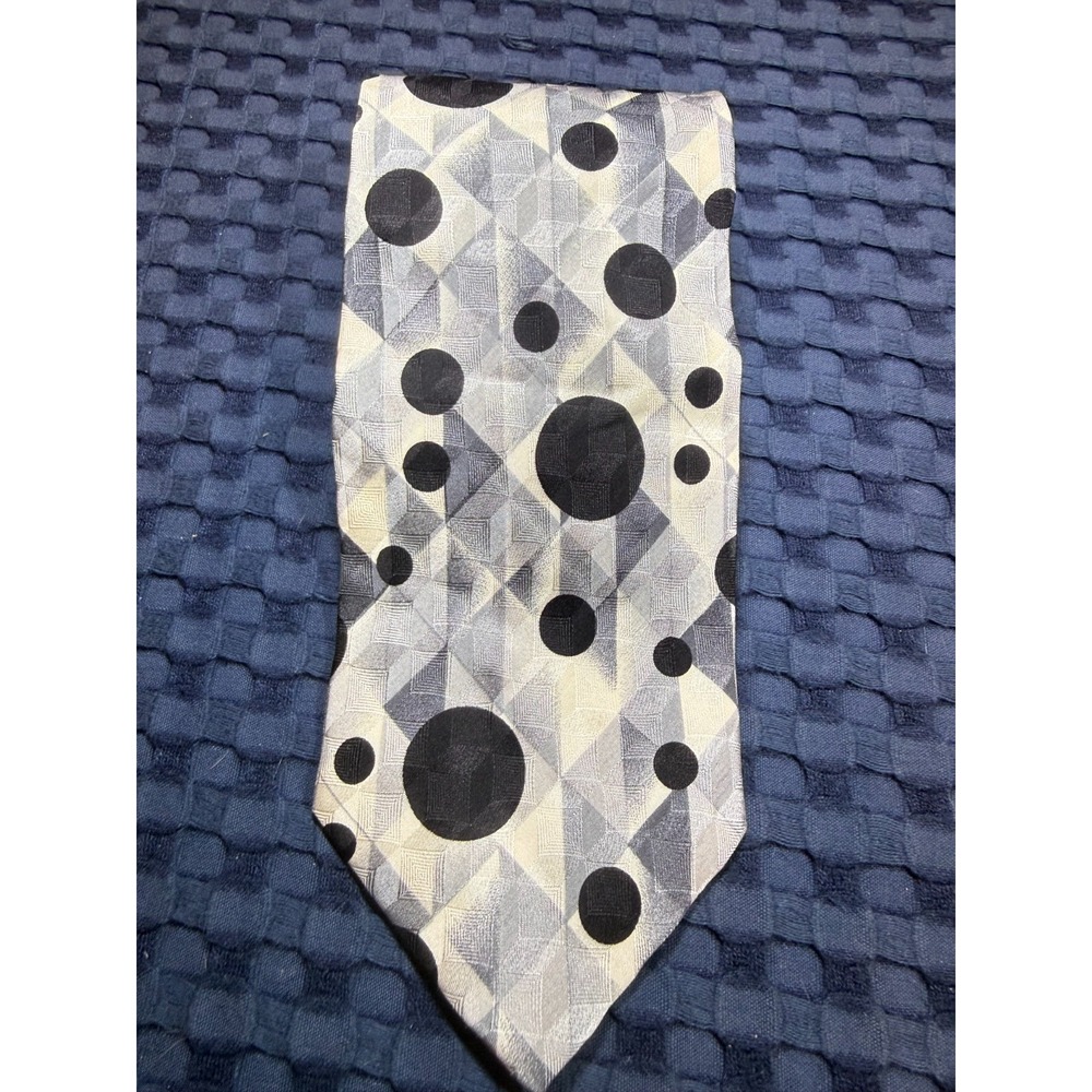 Vintage Carlo Palazzi 100% Silk Tie Hand Made Black Silver Polka Dots